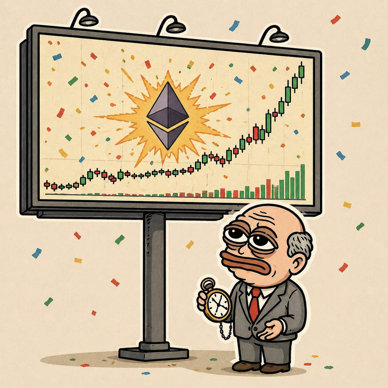 powell staring at the green candle billboard